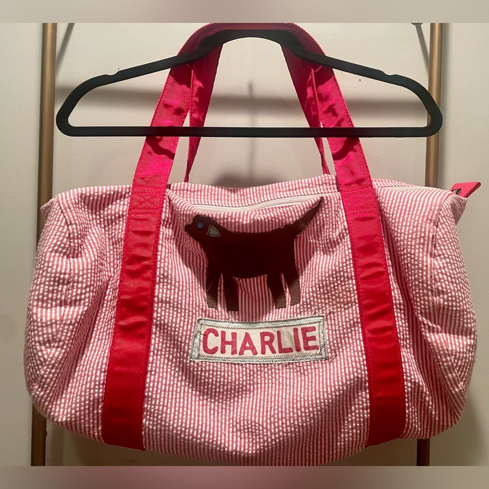 Red & white gingham duffel bag with dog/monogram